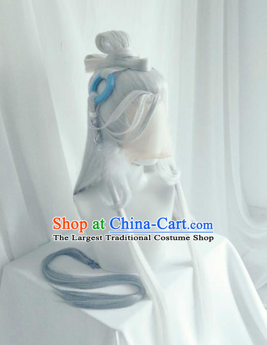 Handmade China Traditional Puppet Show Swordsman Hairpieces Ancient Immortal Headdress Cosplay Taoist Priest Grey Wigs