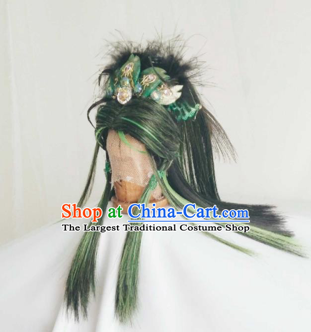 Handmade China Cosplay Royal Duke Wigs and Hair Crown Traditional Puppet Show Swordsman Hairpieces Ancient King Headdress