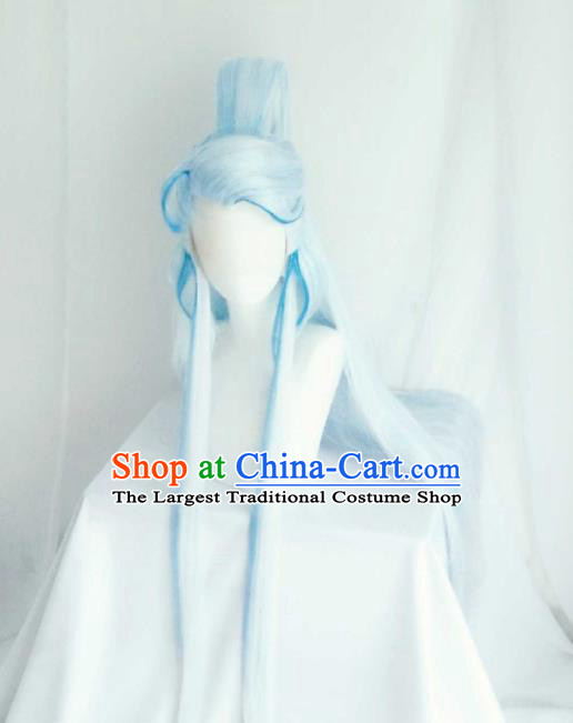 Handmade China Ancient Royal Prince Headdress Cosplay Noble Childe Light Blue Wigs and Hair Crown Traditional Puppet Show Taoist Priest Hairpieces