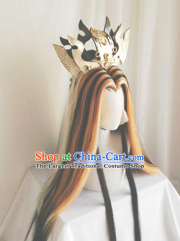 Handmade China Traditional Puppet Show Emperor Hairpieces Ancient Monarch Headdress Cosplay Swordsman King Golden Wigs and Hair Crown