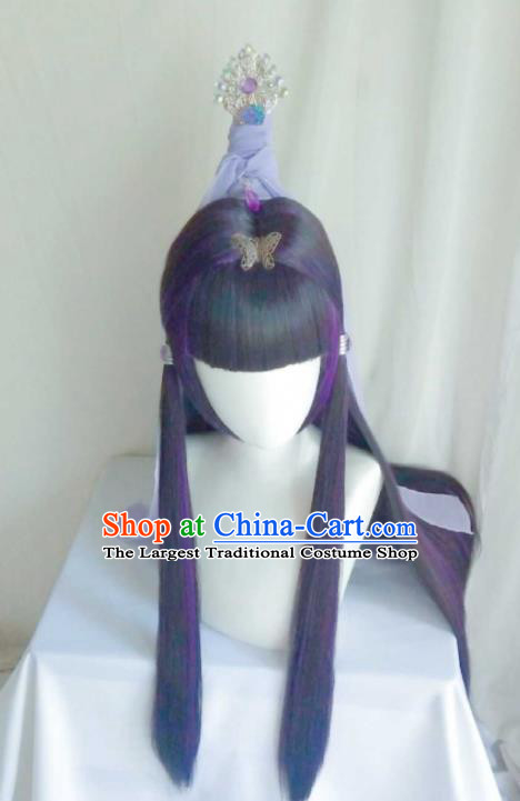 Chinese Cosplay Swordswoman Hair Accessories Ancient Fairy Purple Wigs Headwear Traditional Puppet Show Taoist Nun Feng Die Hairpieces