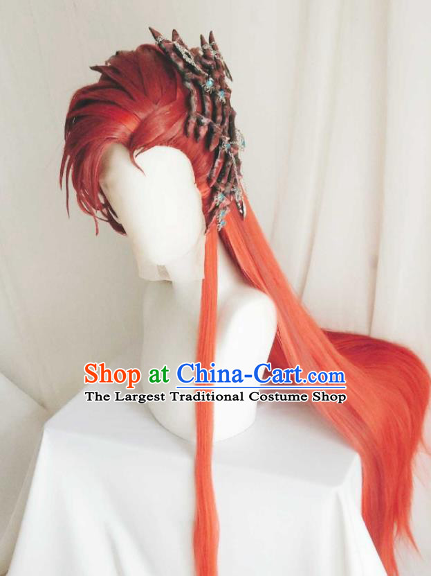 Handmade China Ancient Childe Headdress Cosplay Swordsman Red Wigs Traditional Puppet Show Demon Prince Hairpieces