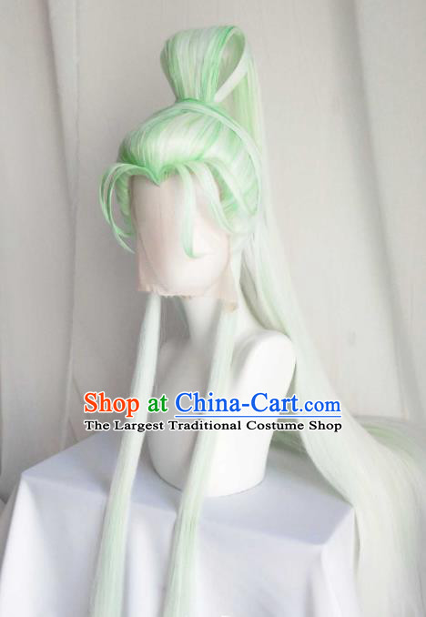 Handmade China Cosplay Swordsman Light Green Wigs Traditional Puppet Show Mo Cangli Hairpieces Ancient Taoist Headdress