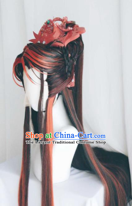 Handmade China Ancient Royal Prince Headdress Cosplay Swordsman Red Wigs and Hair Crown Traditional Puppet Show Shangguan Hongxin Hairpieces