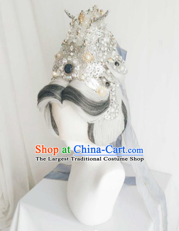 Chinese Ancient Goddess Grey Wigs Headwear Traditional Puppet Show Queen Hairpieces Cosplay Empress Hair Crown Hair Accessories