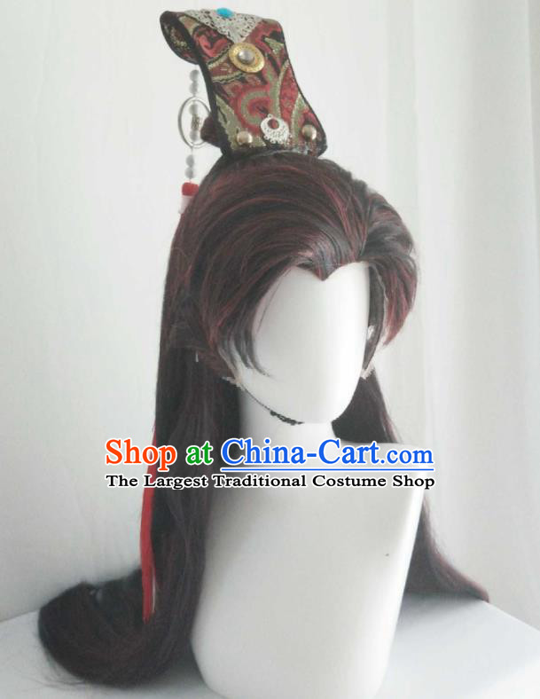 Handmade China Cosplay Swordsman Brown Wigs and Hair Crown Traditional Puppet Show Noble Childe Hairpieces Ancient Royal Prince Headdress