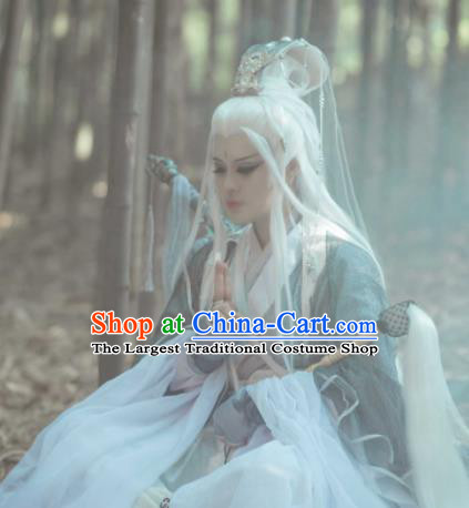 Handmade China Cosplay Swordsman White Wigs and Hair Crown Traditional Puppet Show Immortal Hairpieces Ancient Taoist Headdress