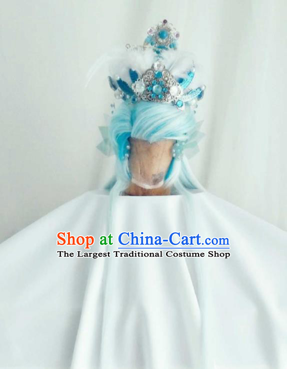 Handmade China Cosplay Taoist Priest Light Blue Wigs and Hair Crown Traditional Puppet Show Royal King Hairpieces Ancient Swordsman Headdress