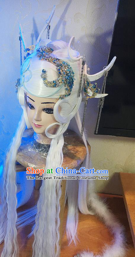 Chinese Traditional Puppet Show Jun Haitang Hairpieces Cosplay Goddess Hair Accessories Ancient Dragon Queen White Wigs and Hair Crown Headwear