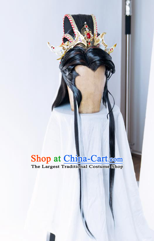 Handmade China Cosplay Royal Prince Wigs and Hair Crown Traditional Puppet Show Mo Lisao Hairpieces Ancient Chivalrous Male Headdress