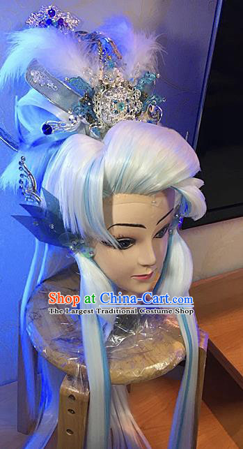 Handmade China Traditional Puppet Show Patriarch Hairpieces Ancient Taoist Master Headdress Cosplay Swordsman White Wigs and Hair Crown