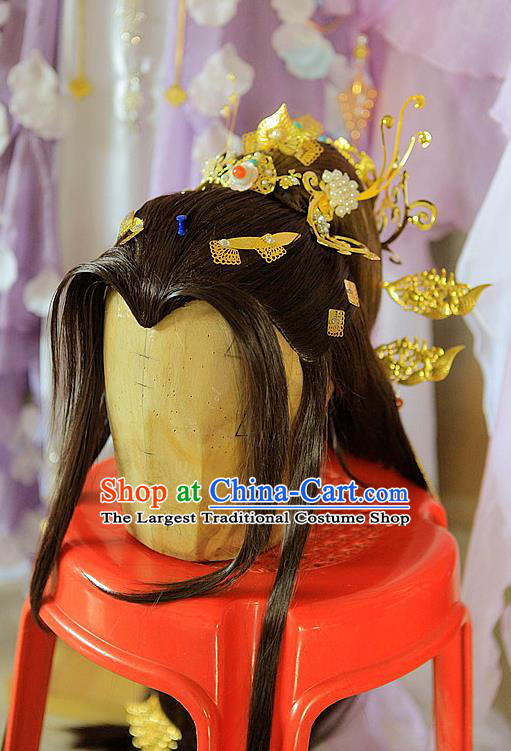 Chinese Cosplay Goddess Hair Accessories Ancient Fairy Princess Brown Wigs and Hairpins Headwear Traditional Hanfu Hairpieces