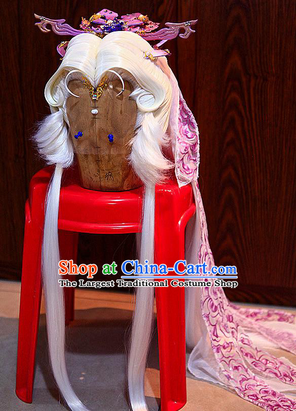 Handmade China Traditional Puppet Show Chivalrous Man Su Huanzhen Hairpieces Ancient Swordsman Headdress Cosplay Taoist White Wigs and Hair Crown