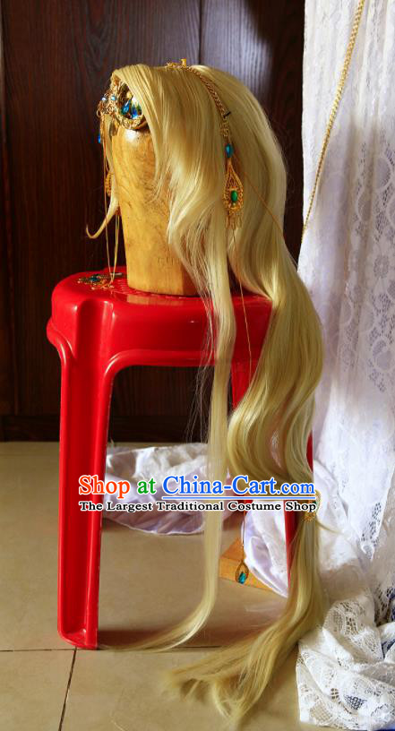 Chinese Traditional Puppet Show Swordswoman Hairpieces Cosplay Female Knight Hair Accessories Ancient Princess Golden Wigs Headwear