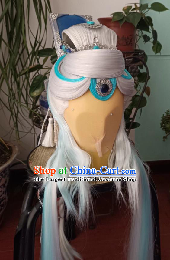 Handmade China Traditional Puppet Show Swordsman Hairpieces Ancient Elderly Hero Headdress Cosplay Taoist Priest Gray Wigs