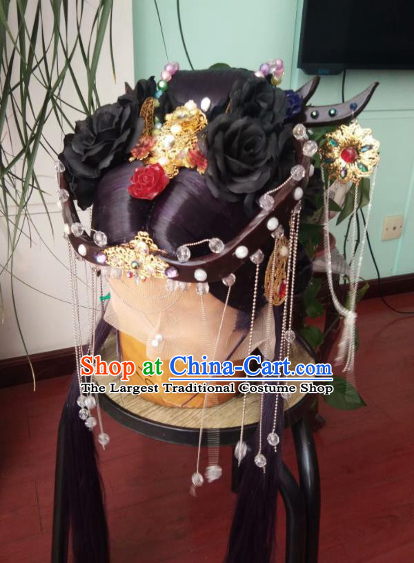 China Ancient Emperor Purple Wigs and Hair Crown Traditional Puppet Show Swordswoman Hair Accessories Cosplay Queen Hairpieces