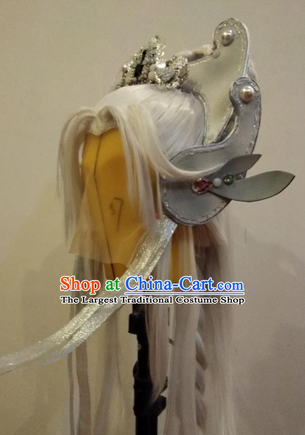 Chinese Ancient General Periwig Hair Accessories Handmade Puppet Show Headdress Traditional Cosplay Swordsman White Wigs and Helmet Hairpieces