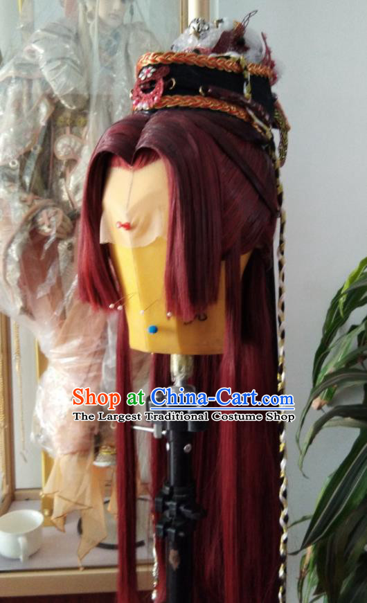 Chinese Traditional Cosplay Swordsman Red Wigs and Hairdo Crown Hairpieces Ancient Prince Periwig Hair Accessories Handmade Puppet Show Childe Headdress