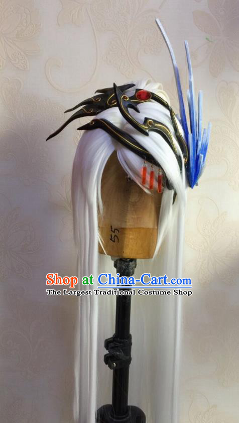 Chinese Ancient Emperor Periwig Hair Accessories Handmade Puppet Show Swordsman Headdress Traditional Cosplay Taoist Priest White Wigs and Hair Crown Hairpieces