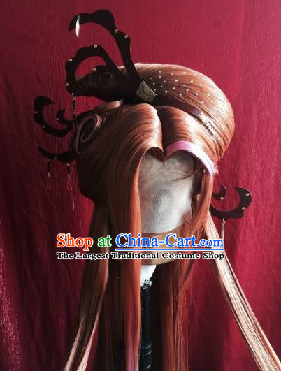 China Traditional Puppet Show Bu Xiangchen Hair Accessories Cosplay Goddess Queen Hairpieces Ancient Empress Orange Wigs and Hair Crown