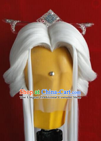 Chinese Ancient Taoist Priest Periwig Hair Accessories Handmade Puppet Show Su Huanzhen Headdress Traditional Cosplay Swordsman White Wigs Hairpieces