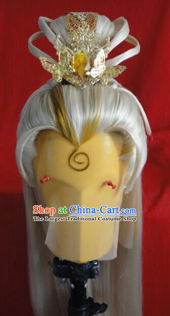 Chinese Traditional Cosplay Prince Golden Wigs Hairpieces Ancient Emperor Periwig Hair Accessories Handmade Puppet Show Feng Piaopiao Headdress