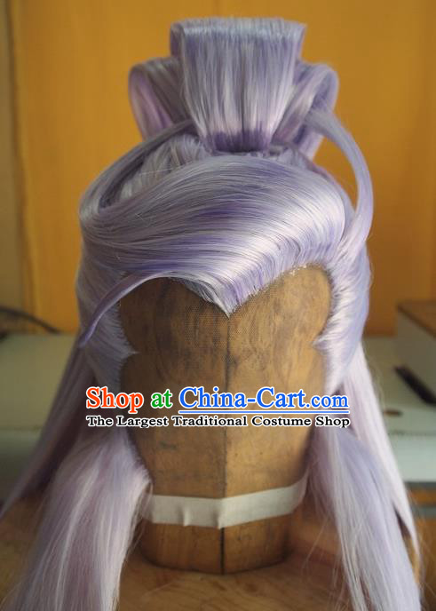 Chinese Ancient Taoist Priest Periwig Hair Accessories Handmade Cosplay Swordsman Headdress Traditional Puppet Show Emperor Lilac Wigs Hairpieces