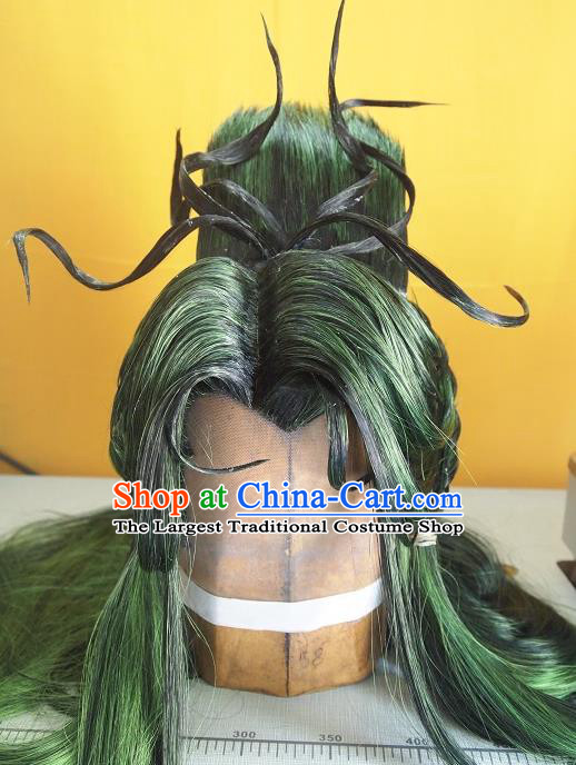 Chinese Traditional Puppet Show Knight Green Wigs Hairpieces Ancient Young Hero Periwig Hair Accessories Handmade Cosplay Swordsman Headdress