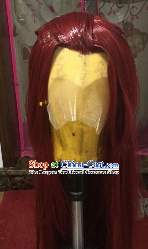 Chinese Traditional Puppet Show Rong Tian Red Wigs Hairpieces Ancient Young Hero Periwig Hair Accessories Handmade Cosplay Swordsman Headdress