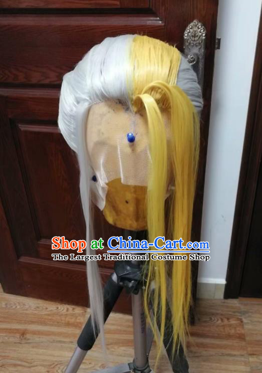 China Ancient Female Knight Wigs Headdress Traditional Game Role Swordswoman Hair Accessories Cosplay Heroine Hairpieces