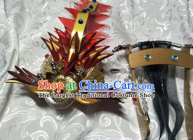 Chinese Traditional Puppet Show King Red Hairdo Crown Ancient Young Hero Hair Accessories Handmade Cosplay Swordsman Headpieces