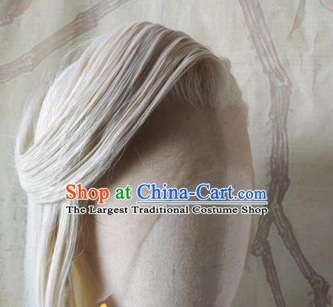 Chinese Handmade Cosplay Swordsman Hairpieces Traditional Hanfu Male Front Lace Beige Wigs Headdress Ancient Knight Hair Accessories