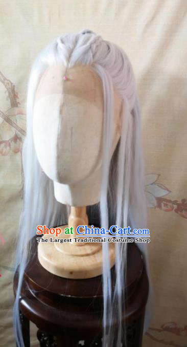 Chinese Cosplay Swordsman Hairpieces Traditional Hanfu Handmade White Front Lace Wigs Headdress Ancient Taoist Priest Hair Accessories