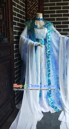 Custom Chinese Cosplay Fairy Princess Garment Costumes Puppet Show Goddess Blue Dress Outfits Ancient Imperial Consort Clothing