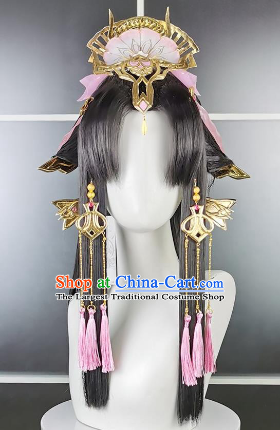 China Cosplay Goddess Black Wigs and Hair Crown Headwear Ancient Young Beauty Hairpieces Traditional Game Role Princess Hair Accessories