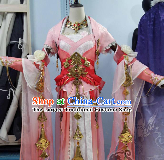 Custom Chinese Ancient Swordswoman Clothing Cosplay Fairy Princess Garment Costumes Traditional Female Knight Pink Dress Outfits