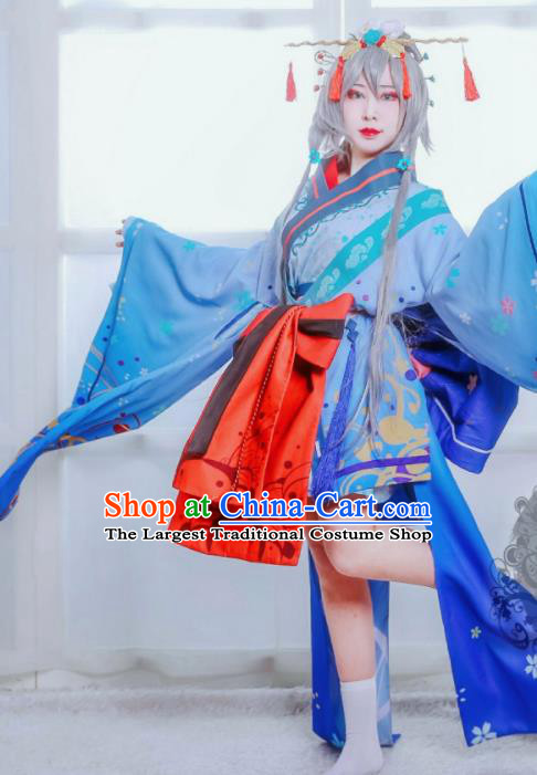 Top Cosplay Blue Kimono Dress Clothing Halloween Fancy Ball Garment Costume Cartoon Magic Queen Clothing