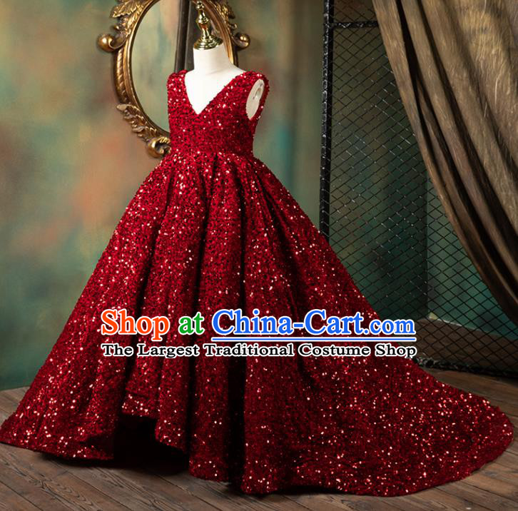 Custom Princess Wine Red Trailing Full Dress Compere Garment Costumes Girl Stage Show Fashion Children Catwalks Clothing