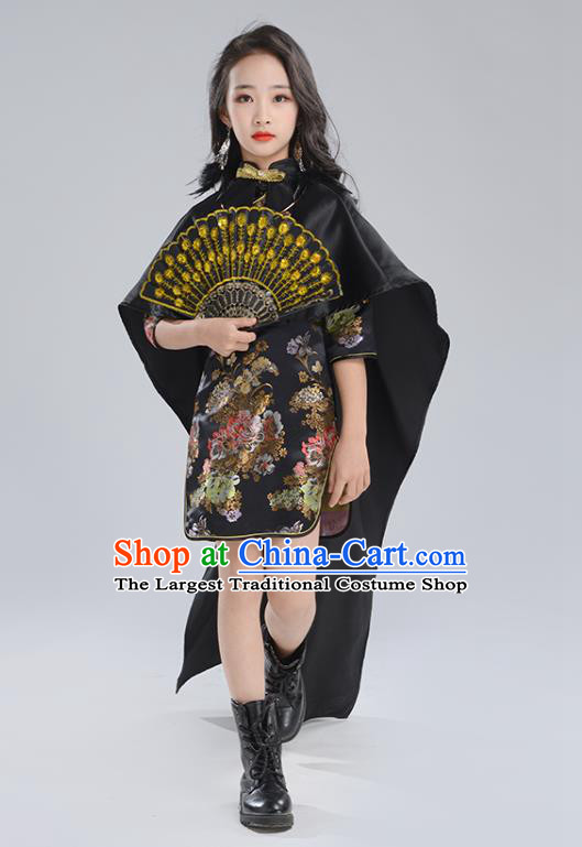 Custom Children Catwalks Clothing Girl Black Qipao Dress Compere Garment Costumes Stage Show Fashion