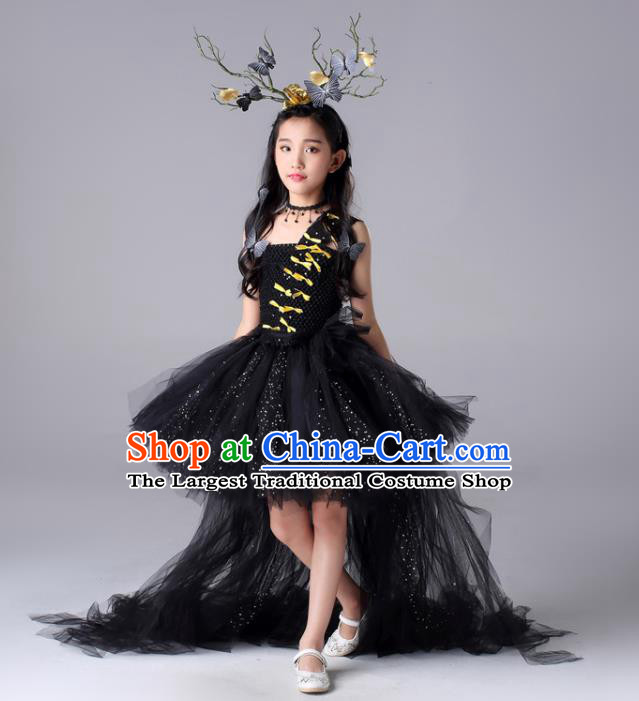 Custom Stage Show Fashion Children Catwalks Clothing Girl Black Veil Bubble Dress Compere Garment Costumes