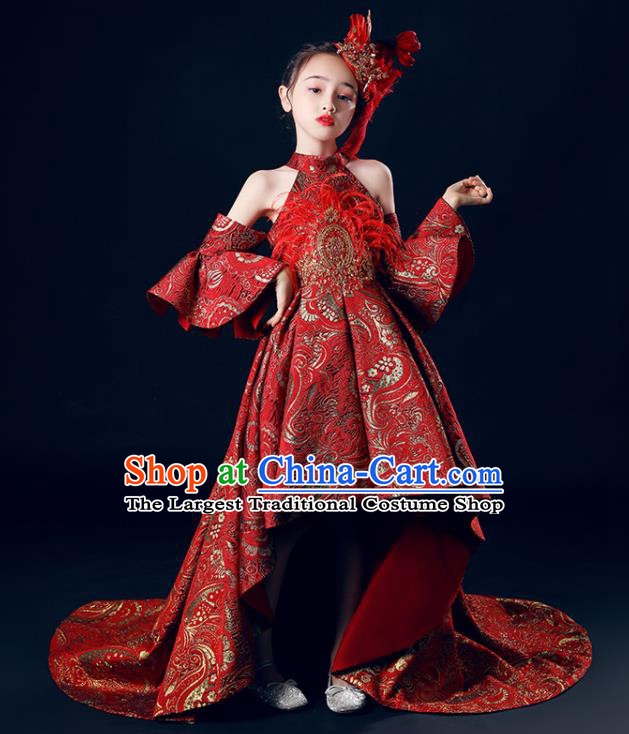 Custom Girl Stage Show Fashion Children Catwalks Clothing Baroque Princess Red Trailing Dress Baby Compere Garment Costumes