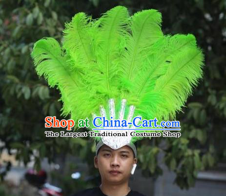 Handmade Stage Performance Hair Accessories Samba Dance Hair Crown Rio Carnival Green Ostrich Feather Hat Halloween Male Headwear