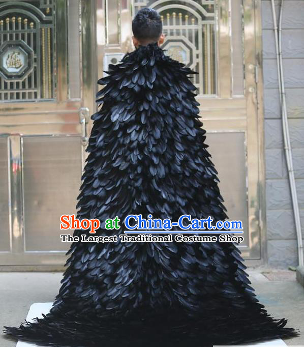 Custom Catwalks Fashion Performance Mantle Halloween Stage Show Clothing Cosplay Angel Black Feathers Cloak