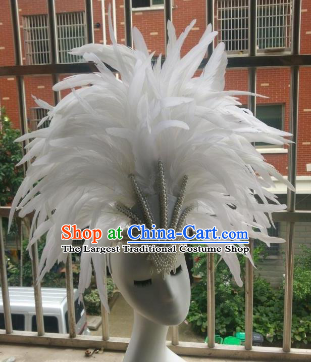 Handmade Rio Carnival Deluxe White Feather Hat Catwalks Pearls Headpiece Stage Performance Hair Crown Samba Dance Hair Accessories