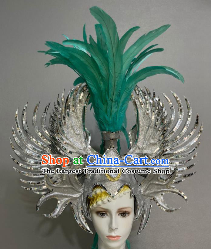 Custom Samba Dance Hair Accessories Halloween Catwalks Giant Argent Hair Crown Opening Dance Headdress Brazil Parade Green Feather Hat