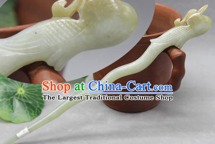 China Classical Hetian Jade Headpiece Handmade Carving Peacock Hairpin Traditional Hair Accessories Ancient Princess Hair Stick