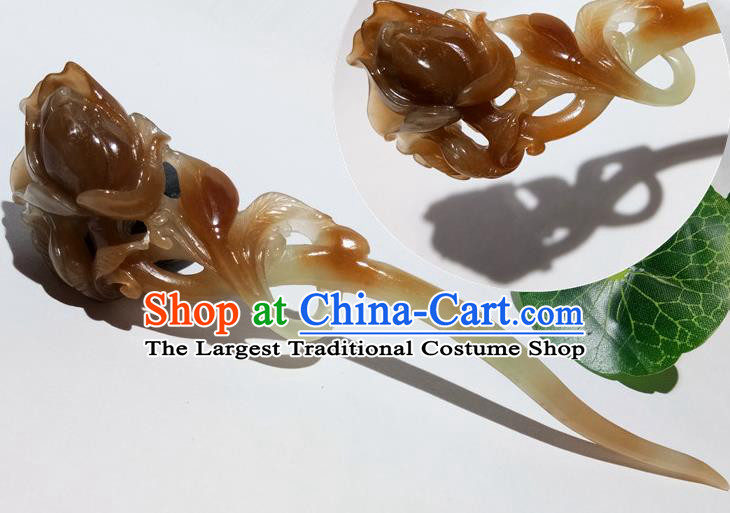 China Handmade Carving Mangnolia Hairpin Traditional Cheongsam Hair Accessories Women Hair Stick Classical Jade Headpiece