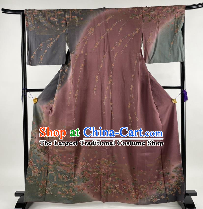 Japanese Classical Wisteria Sakura Pattern Tsukesage Kimono Costume Court Woman Brownish Pink Yukata Dress Traditional Ceremony Clothing