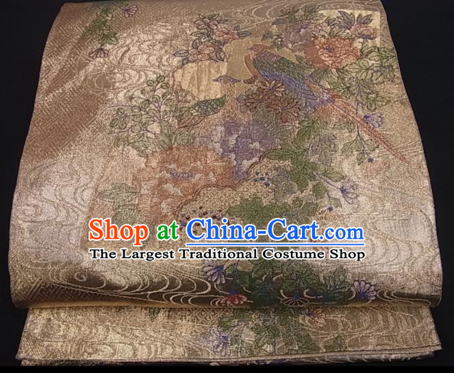 Traditional Japanese Classical Peacock Pattern Kimono Belt Handmade Nishijin Tapestry Waistband Yukata Robe Light Golden Brocade Girdle Accessories