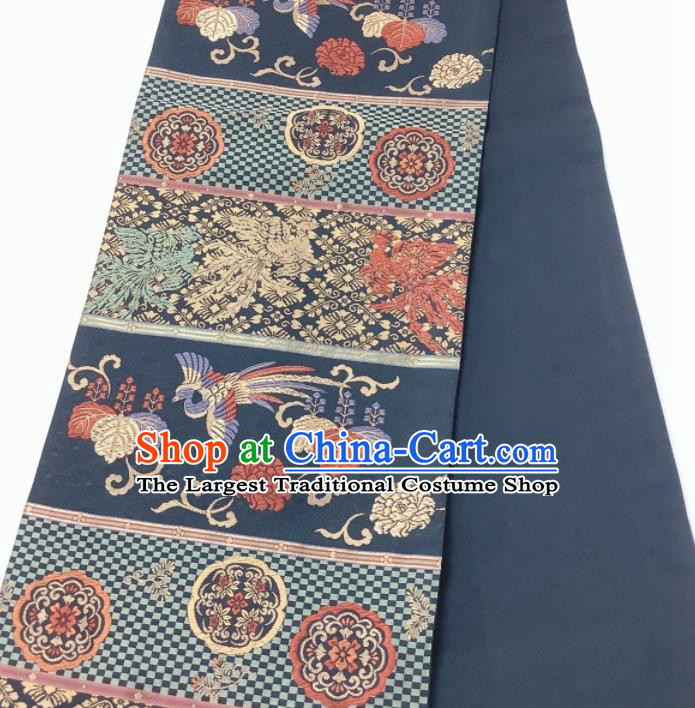 Traditional Japanese Handmade Navy Waistband Yukata Robe Girdle Accessories Classical Phoenix Peony Pattern Kimono Belt